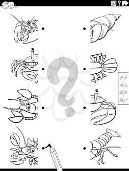 Black and white cartoon illustration of educational task of matching halves of pictures with funny animals characters coloring book page
