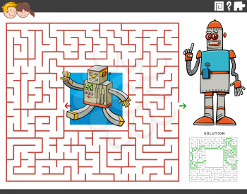 Cartoon illustration of educational maze puzzle game for children with funny robots characters