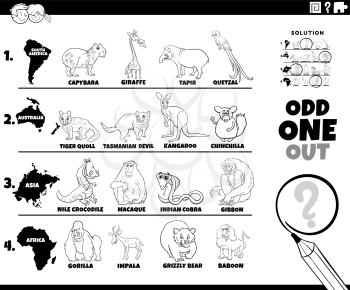 Black and white cartoon illustration of odd one out picture in a row educational game for elementary age or preschool children with animals species from different continents coloring book page