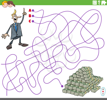 Cartoon illustration of lines maze puzzle game with businessman character and pile of money
