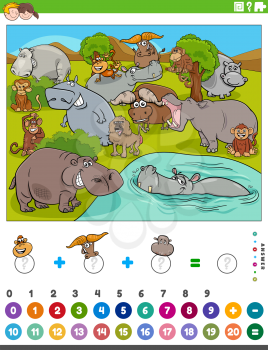 Cartoon illustration of educational mathematical counting and addition game for children with hippopotamuses and buffalos and monkeys