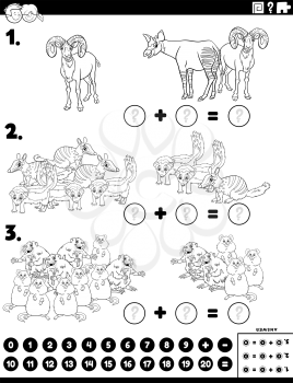 Black and White cartoon illustration of educational mathematical addition puzzle task with comic wild animal characters coloring book page