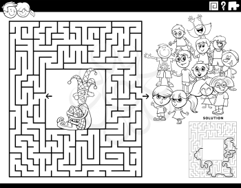 Black and white cartoon illustration of educational maze puzzle game with clown and children characters coloring book page