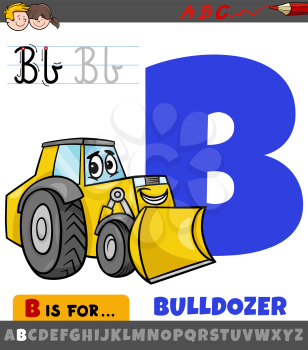 Educational cartoon illustration of letter B from alphabet with bulldozer vehicle character