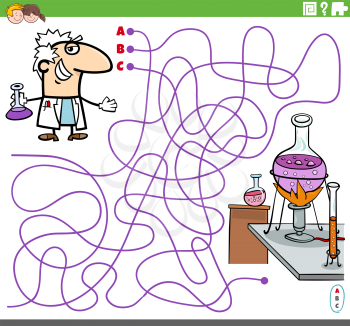 Cartoon illustration of lines maze puzzle game with scientist character and laboratory