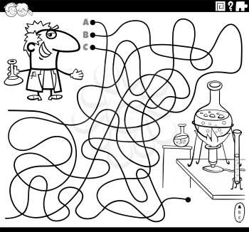 Black and white cartoon illustration of lines maze puzzle game with scientist character and laboratory coloring book page