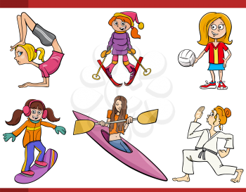 Cartoon illustration of girls or women characters and sports disciplines set