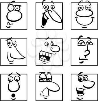 Black and white cartoon illustration of funny comics characters or emoticons colorful set