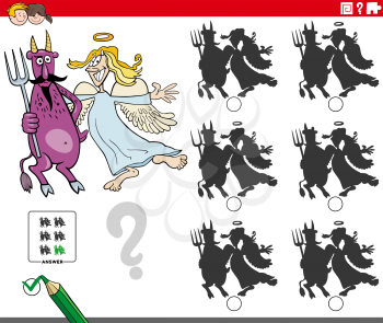Cartoon illustration of finding the shadow without differences educational game for children with angel and devil
