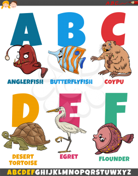 Cartoon illustration of educational colorful alphabet set from letter A to F with comic animal characters