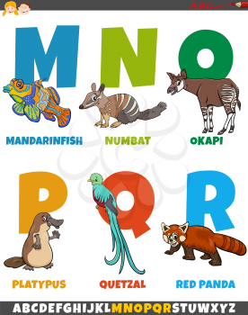 Cartoon illustration of colorful alphabet set from Letter M to R with comic animal characters