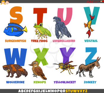Cartoon illustration of educational colorful alphabet set from letter S to Z with funny animal characters