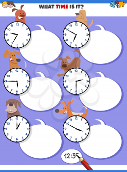 Cartoon illustrations of telling time educational task with clock faces and happy dogs animal characters