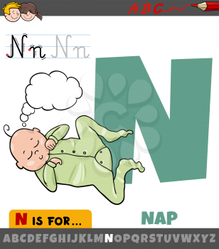 Educational cartoon illustration of letter N from alphabet with nap word