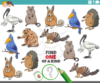 Cartoon illustration of find one of a kind picture educational game with funny animal characters