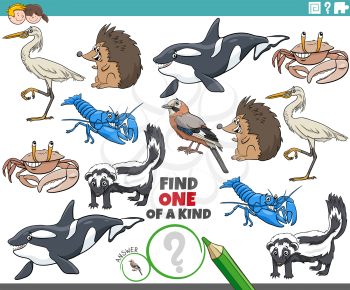 Cartoon illustration of find one of a kind picture educational game with wild animal characters
