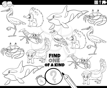 Black and white cartoon illustration of find one of a kind picture educational game with wild animal characters coloring book page
