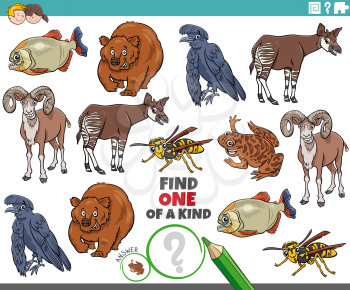 Cartoon illustration of find one of a kind picture educational task with funny animal characters