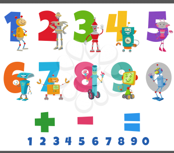 Cartoon illustration of educational numbers set from one to nine with funny robots characters