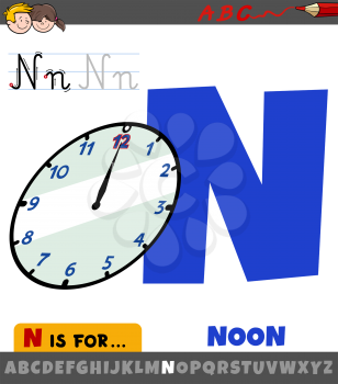Educational cartoon illustration of letter N from alphabet with noon on the clock