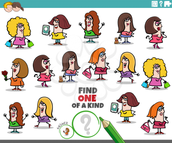 Cartoon illustration of find one of a kind picture educational task for children with funny women characters