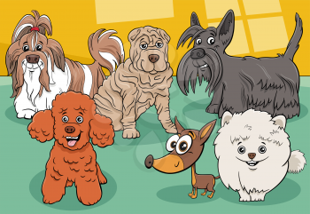 Cartoon illustration of funny purebred dogs and puppies comic animal characters group