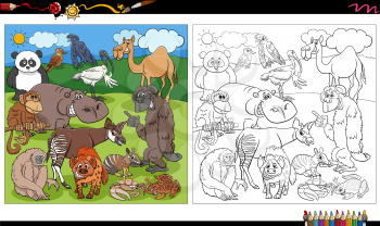 Cartoon illustration of wild animal characters group coloring book page