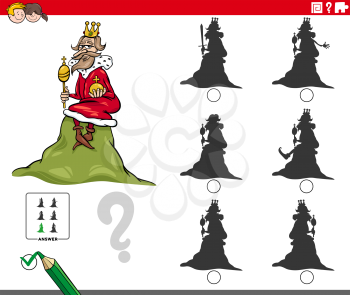 Cartoon illustration of finding the shadow without differences educational game for children with king of the hill saying