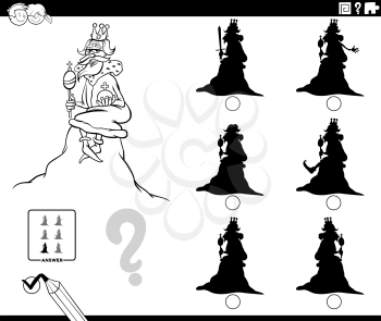 Black and white cartoon illustration of finding the shadow without differences educational game for children with king of the hill saying coloring book page