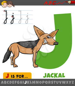 Educational cartoon illustration of letter J from alphabet with jackal animal character