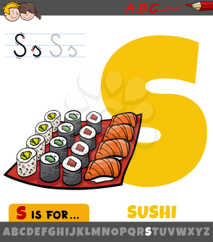 Educational cartoon illustration of letter S from alphabet with sushi food objects