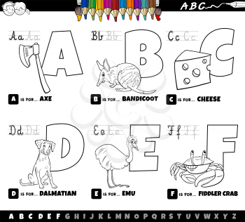Black and white cartoon illustration of capital letters from alphabet educational set for reading and writing practice for kids from A to F coloring book page