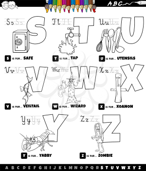 Black and white cartoon illustration of capital letters alphabet educational set for reading and writing practice for elementary age children from S to Z coloring book page