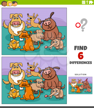 Cartoon illustration of finding the differences between pictures educational game for children with funny dogs animal characters group