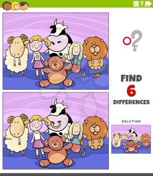 Cartoon illustration of finding the differences between pictures educational game for children with cuddly toys characters group