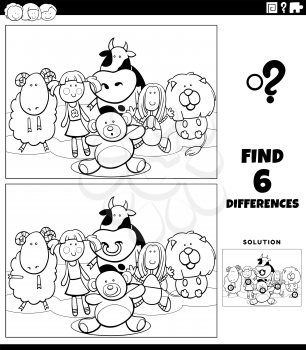 Black and white cartoon illustration of finding the differences between pictures educational game for children with cuddly toys characters group coloring book page