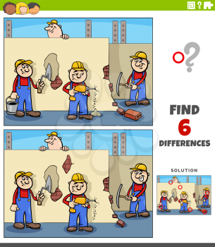 Cartoon illustration of finding the differences between pictures educational game for children with workers or builders characters on construction site