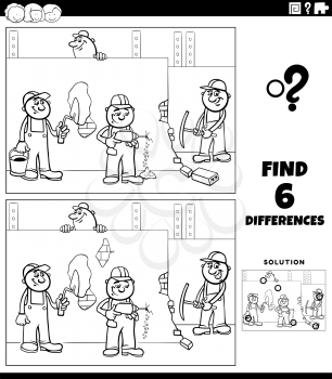 Black and white cartoon illustration of finding the differences between pictures educational game for children with workers or builders characters on construction site coloring book page
