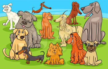 Cartoon illustration of purebred dogs and puppies comic animal characters group