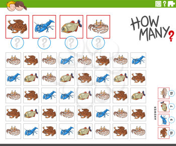 Illustration of educational counting task for children with funny cartoon animal characters