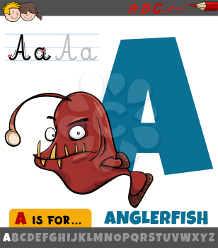 Educational cartoon illustration of letter A from alphabet with anglerfish fish animal character