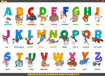 Educational cartoon illustration of colorful alphabet set with funny animal characters and captions