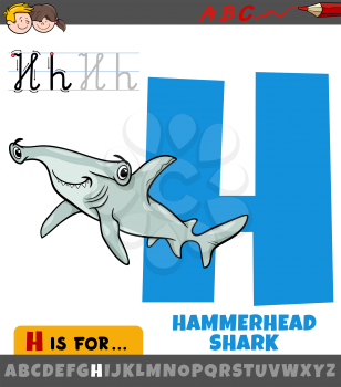 Educational cartoon illustration of letter H from alphabet with hammerhead shark fish animal character