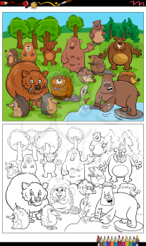 Cartoon illustration of funny wild animal characters group coloring book page