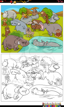 Cartoon illustration of wild animal comic characters group coloring book page