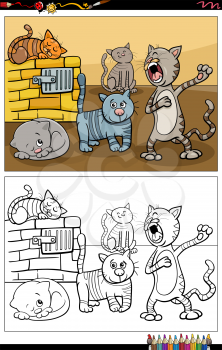 Cartoon illustration of funny cats animal characters group coloring book page