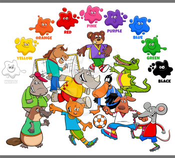 Educational cartoon illustration of basic colors for children with animals playing football characters group