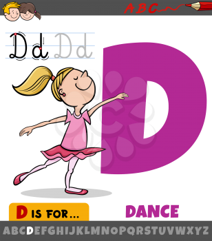 Educational cartoon illustration of letter D from alphabet with dancing girl character