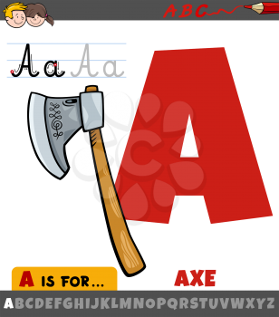 Educational cartoon illustration of letter A from alphabet with axe object