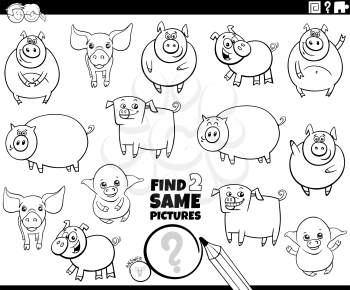 Black and white cartoon illustration of finding two same pictures educational game with funny pigs animal characters coloring book page